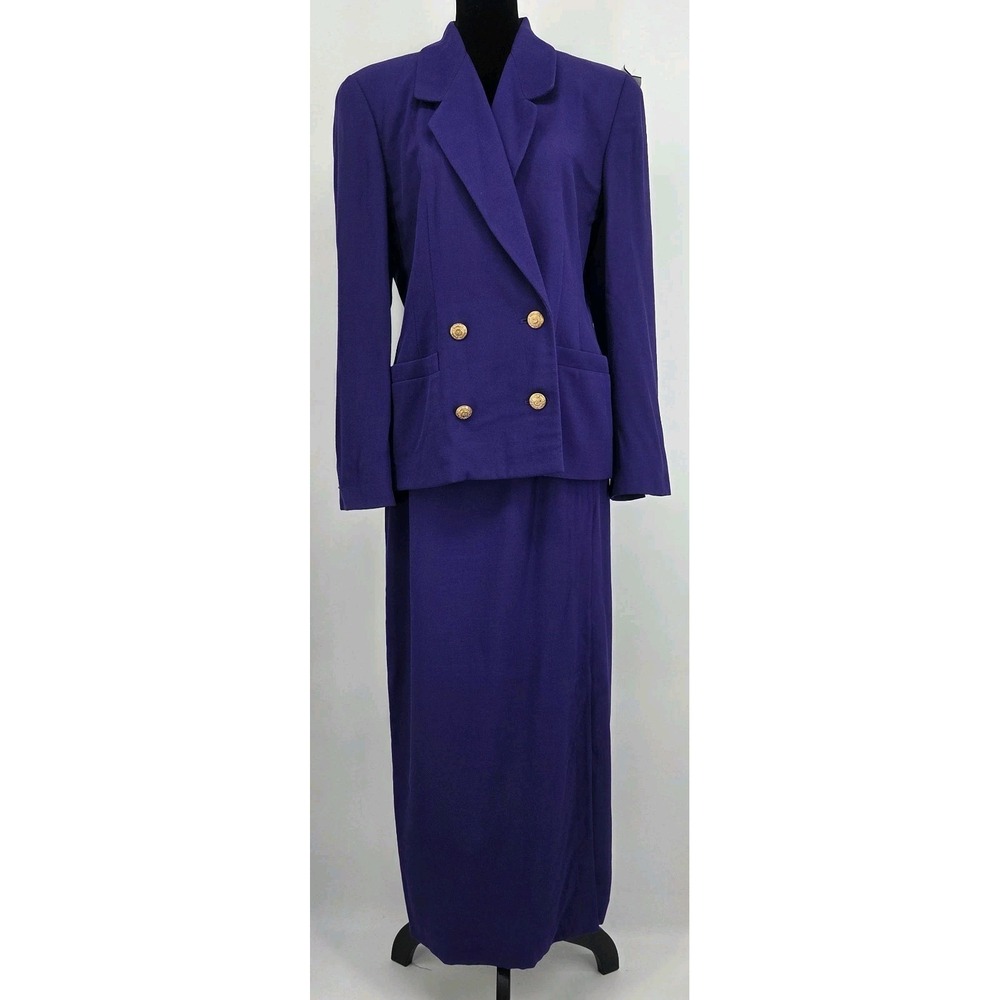 Linda Allard Ellen Tracy Purple Wool Skirt Suit Set Double Breasted Vintage 10